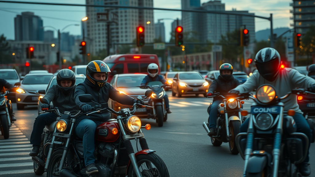 Motorcycle accident trends USA: photorealistic urban traffic intersection with motorcycles and cars, city skyline and alert riders
