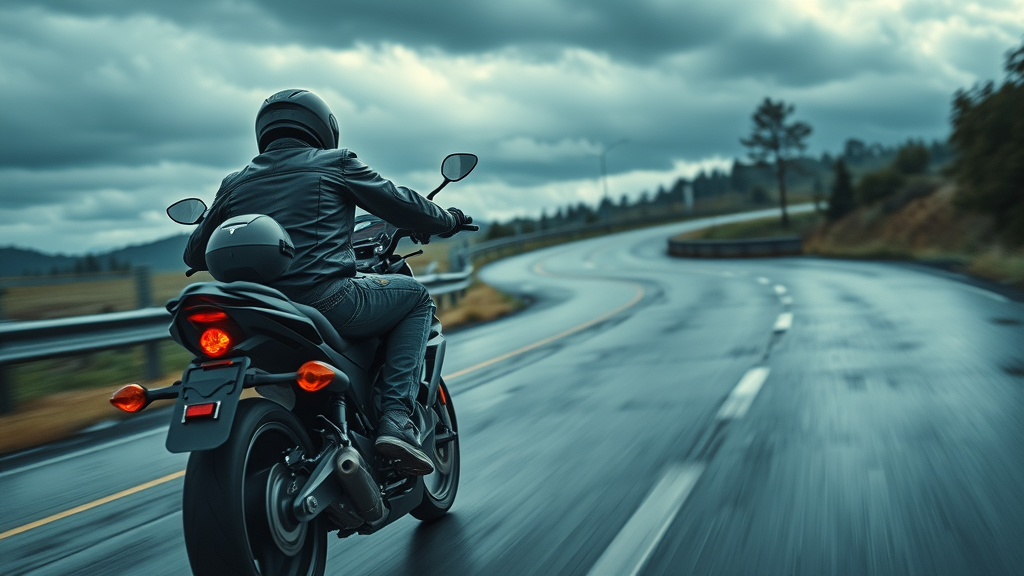 Motorcycle navigating hazardous weather, wet curving road, USA fatal motorcycle accident risk