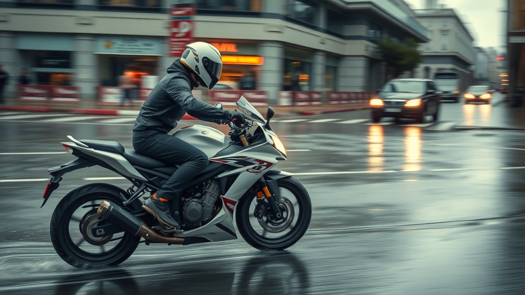 motorcycle speeding on wet road, rider balanced, rainy city street scene, illustrating causes of increased motorcycle fatality numbers
