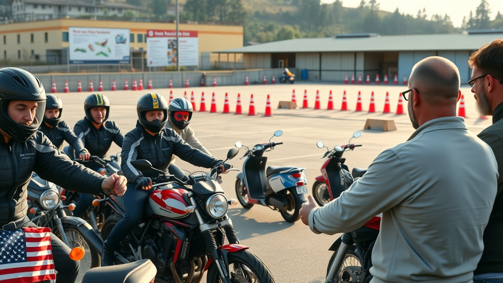 motorcycle rider training classroom with new riders and instructor, open lot with motorcycles and banners, detailed cones and props, morning sunlight