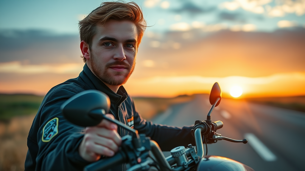 motivated new rider on training site, ready to ride off, scenic sunrise and open road, cool blue and orange hues, golden hour