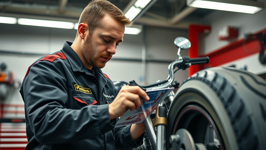 Motorcycle mechanic performing a safety inspection for accident prevention