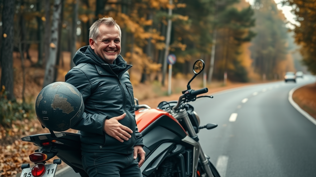 thankful motorcyclist wearing motorcycle riding gear crash site scarred helmet