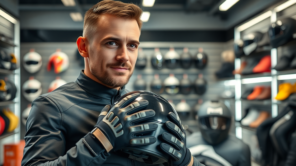 modern protective motorcycle gear display, helmet, jacket, gloves for motorcycle safety