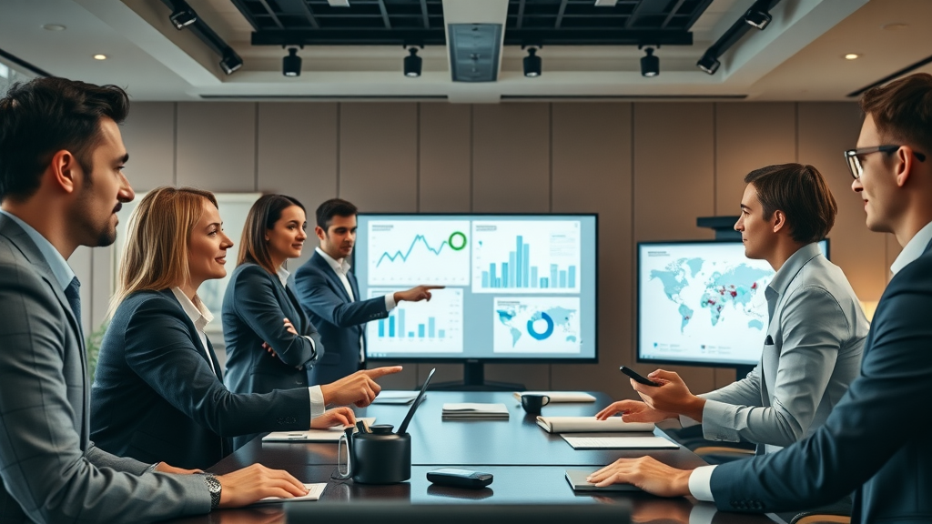 law firm team brainstorming local SEO strategies for injury law using digital displays with maps