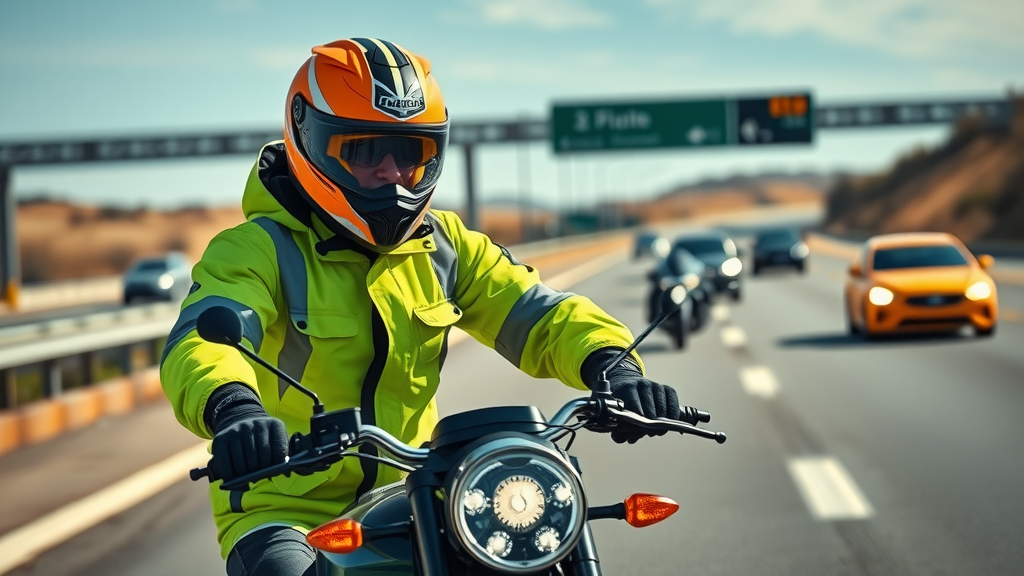 Motorcyclist wearing bright hi-vis jacket and helmet for motorcycle accident prevention on highway