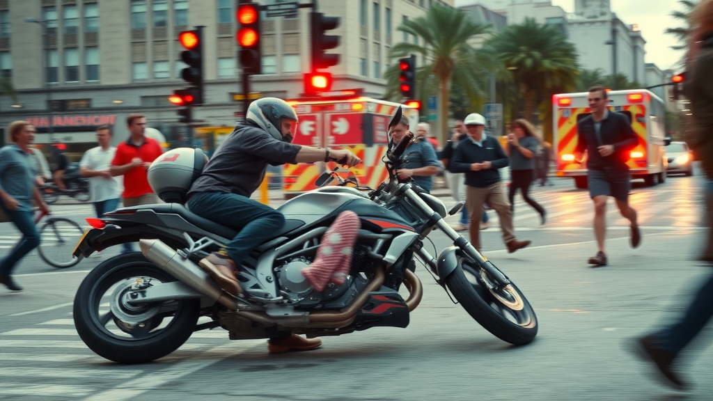 dramatic motorcycle accident scene on a city intersection showing emergency response and bystanders - Motorcycle crash statistics USA
