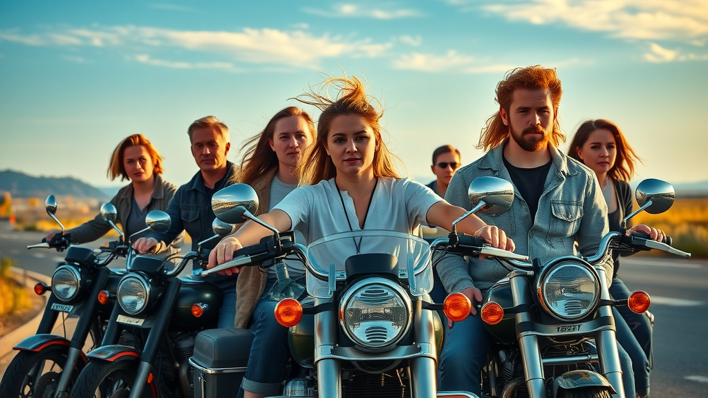 Group of diverse motorcyclists parked by roadside under blue skies, motorcycle injury statistics