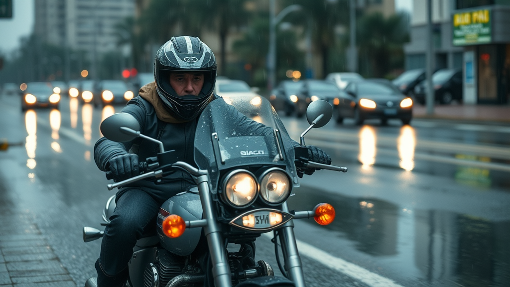 Motorcycle rider navigating hazardous wet city street in rain - road conditions and motorcycle accident causes