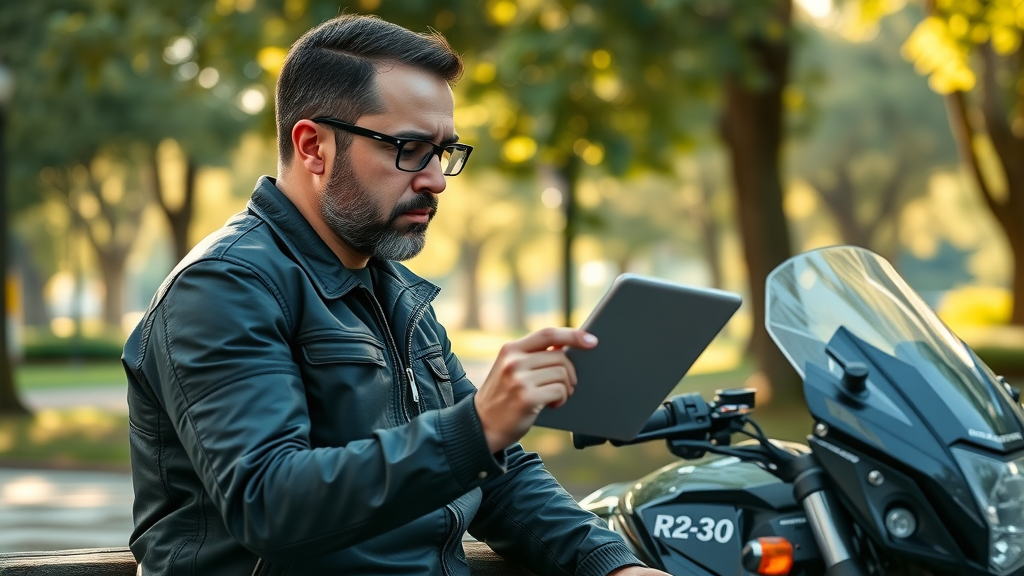 concerned motorcycle rider reviewing accident report - Accident likelihood for motorcycle riders USA