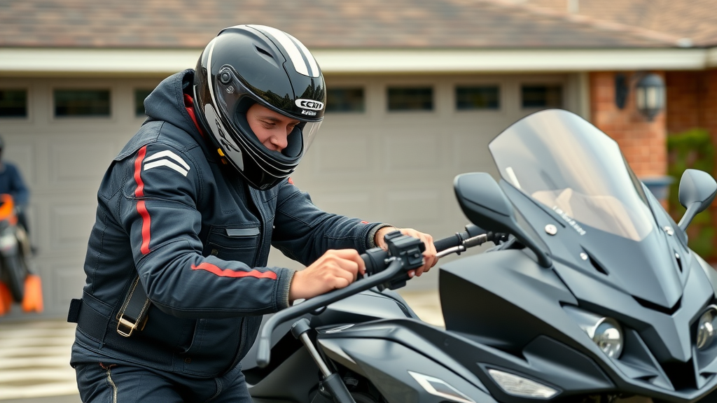 organized motorcyclist performing defensive motorcycle riding safety checks on bike, modern garage, vibrant details