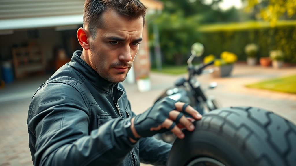 motorcycle safety tips: rider conducting pre-ride inspection of tires and brakes at home driveway