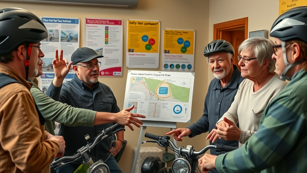 group of riders pointing at safety charts during a discussion on motorcycle fatality numbers at a community center
