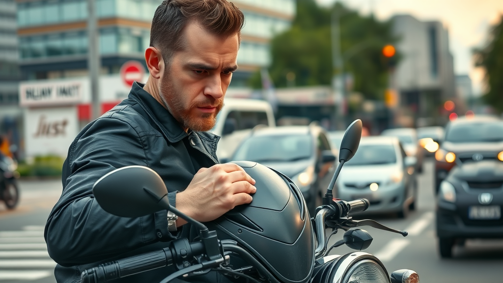 motorcycle safety gear urban street scene cityscape with rider checking helmet