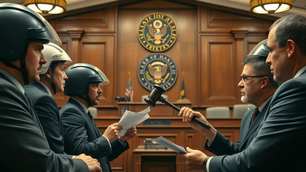 motorcycle helmet law impact debated in a courtroom setting, with groups for and against, state seal visible