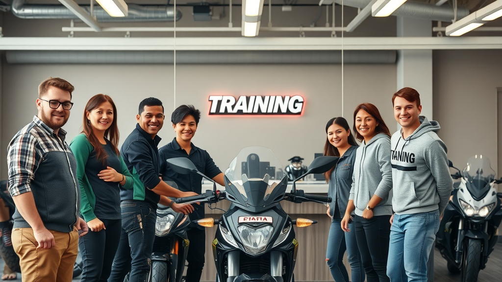 modern motorcycle training facility in NJ, staff and students discussing programs at front desk, motorcycles and gear visible