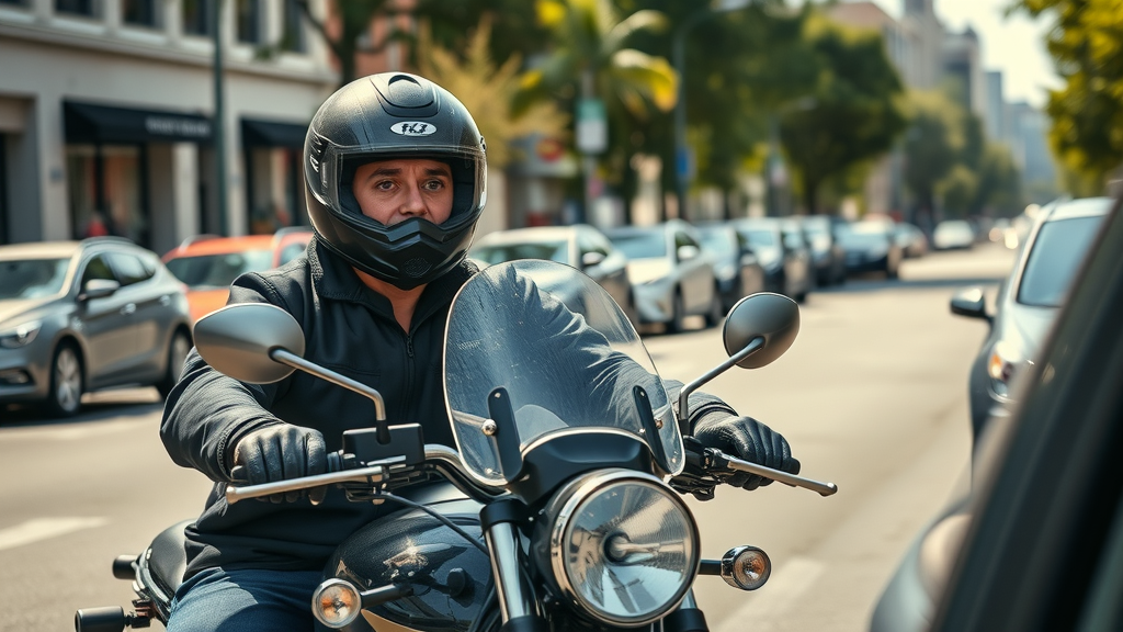 Alert motorcyclist swerving to avoid opening car door downtown - car door hazard and motorcycle accident causes