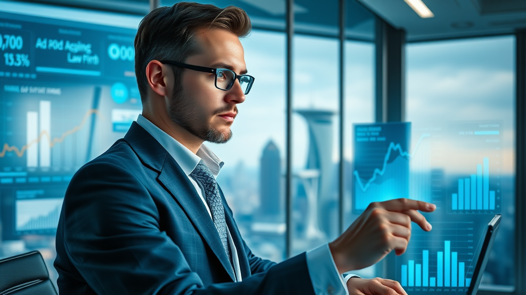 digital marketer tracking paid advertising results for law firm, modern office and city view in background