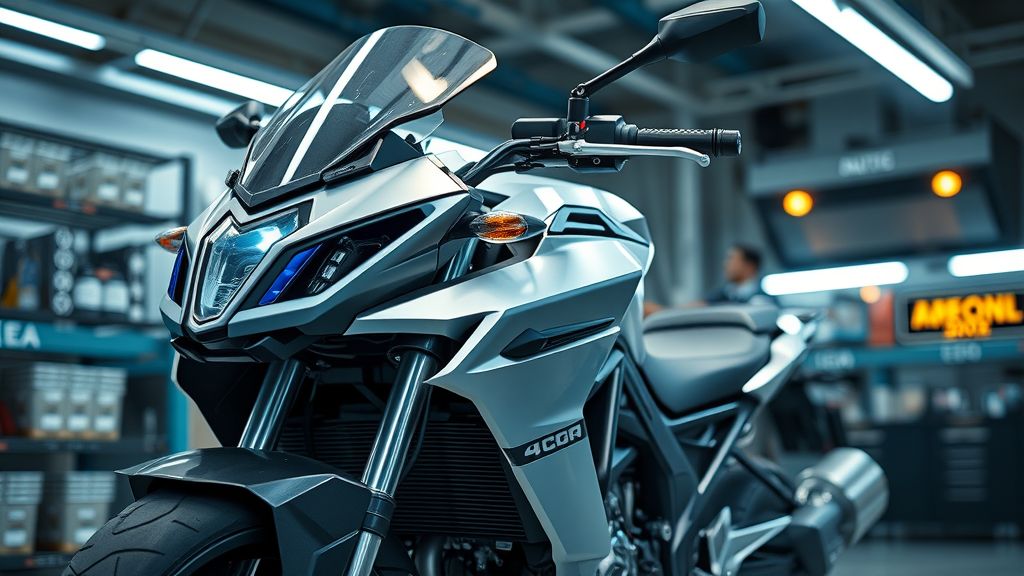 Modern motorcycle with crash guards and advanced safety technology features for motorcycle accident prevention