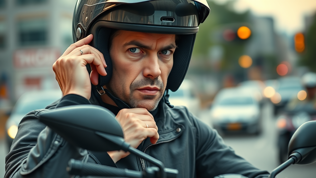 motorcycle safety tips: motorcycle rider adjusting protective helmet in urban setting, bright colored gear, focused expression, blurred city traffic