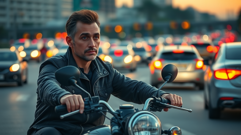 motorcycle safety tips: alert motorcyclist safely lane splitting in dense traffic, urban highway evening lights