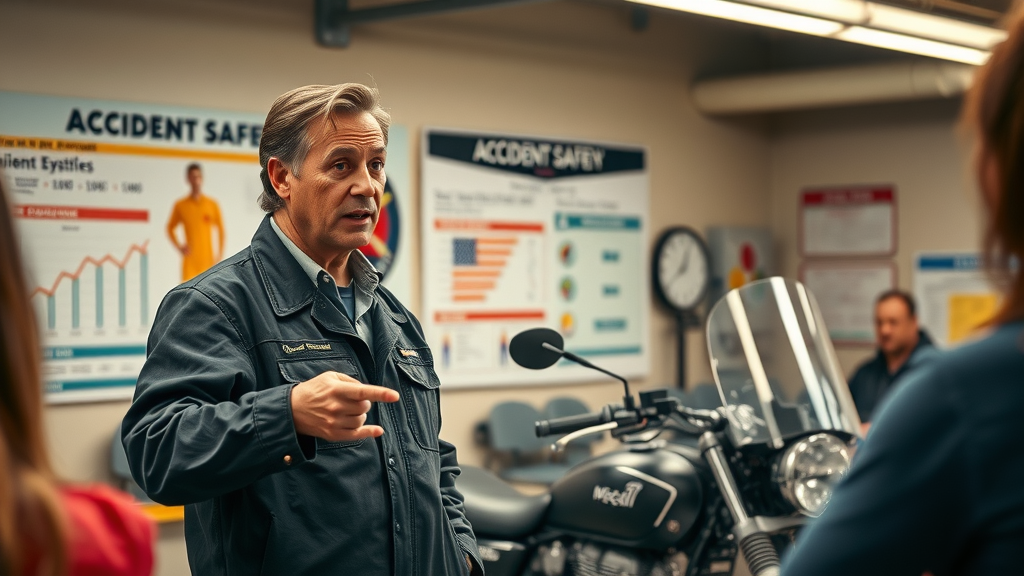 motorcycle safety instructor pointing at accident statistics chart, class learning about motorcycle safety and accident prevention