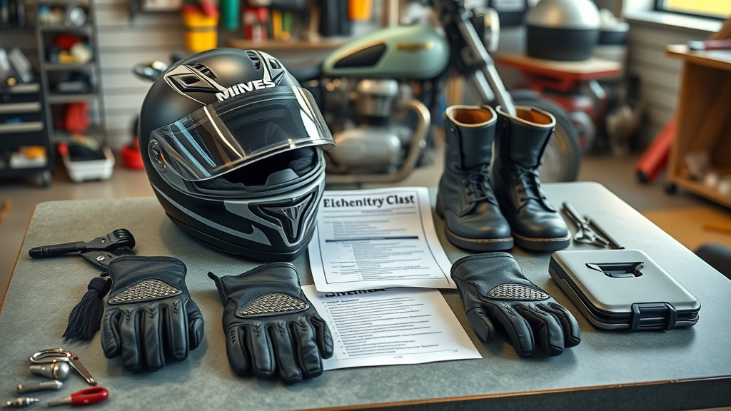 Organized motorcycle safety checklist with helmet, gloves, boots for motorcycle riders|Img_Alt_Text: motorcycle safety checklist equipment for safe riding techniques