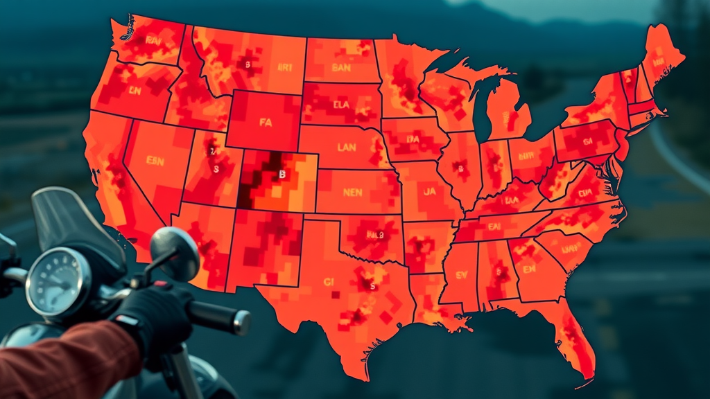 US map highlighting states with highest motorcycle accident and fatality rates