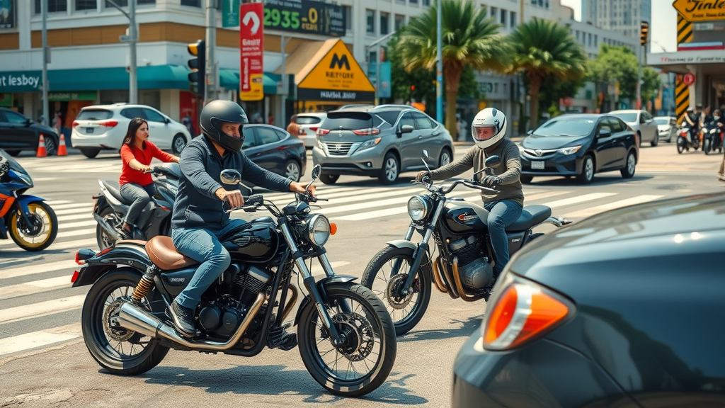 Motorcycle accident trends USA: urban intersection crash scenario with motorcycles, cars, city background