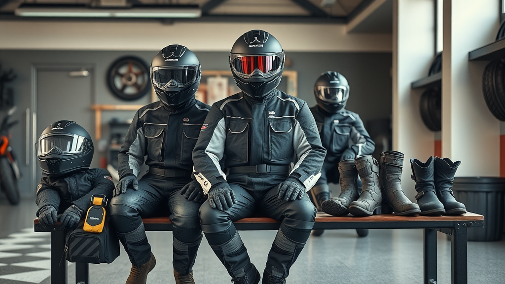 full set of motorcycle safety gear for riders, including helmet, jacket, gloves, pants, and boots, arranged in garage