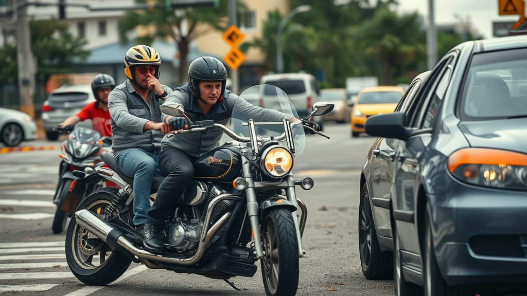 Dramatic urban motorcycle crash aftermath with riders and car drivers, debris, caution tape, and first responders in action - motorcycle accident causes