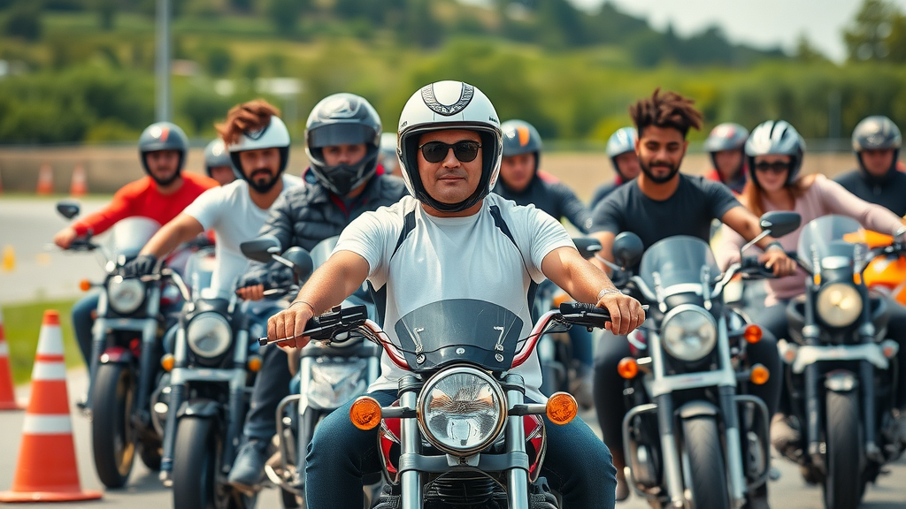 motorcycle safe ride series group practicing on training course with safety cones