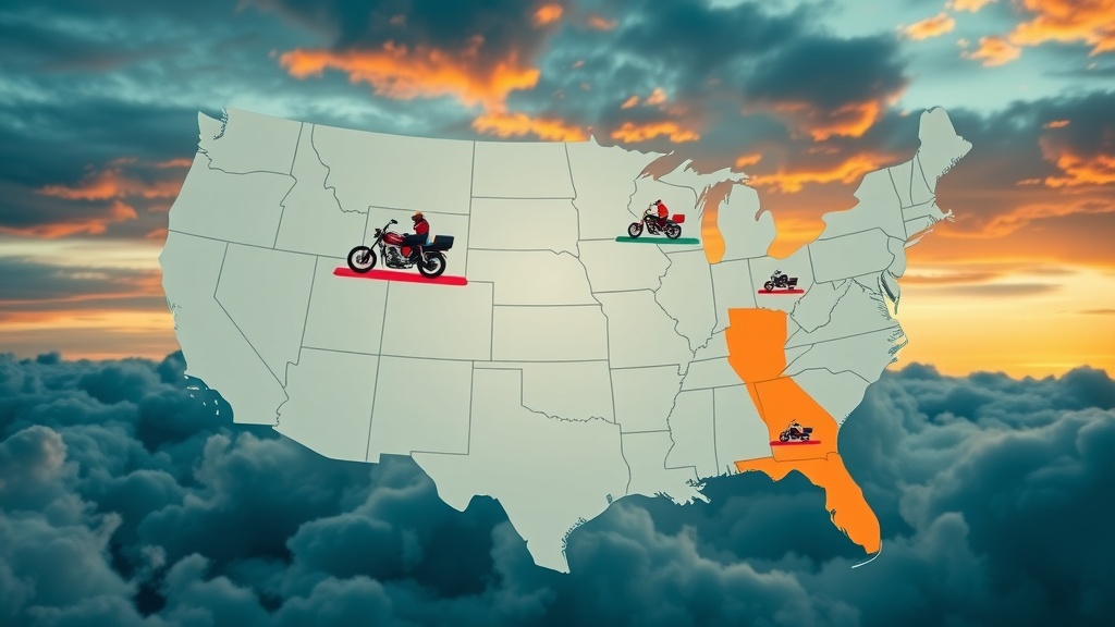 Motorcycle accident trends USA: US map highlighting Florida, Texas, California, motorcycle data points