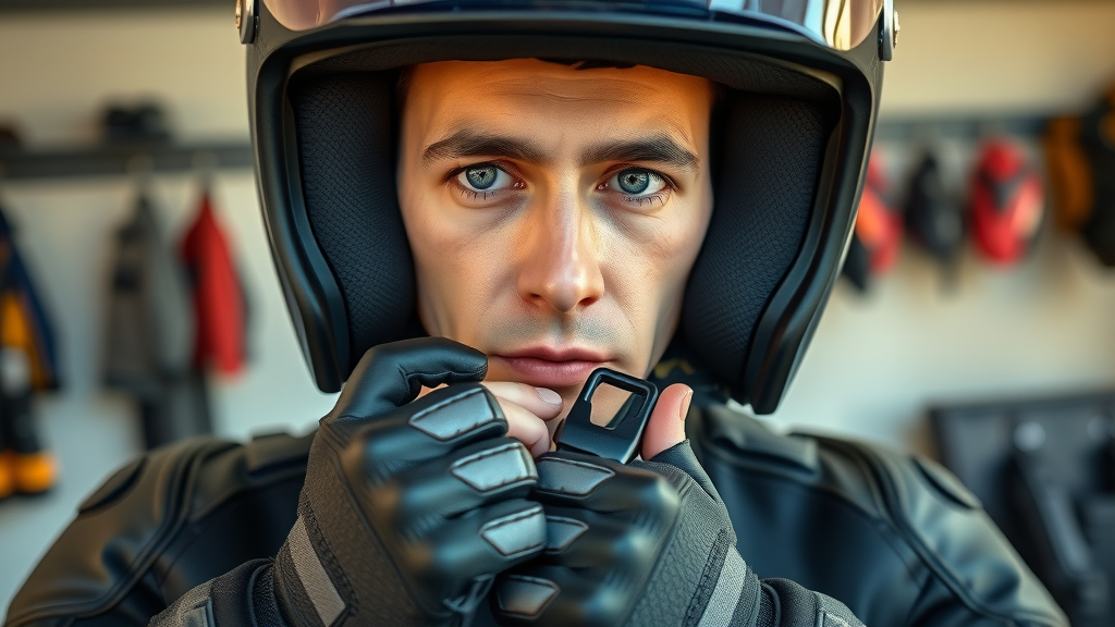 motorcycle rider securing a helmet with safety gear in background - Helmet effectiveness in motorcycle safety USA