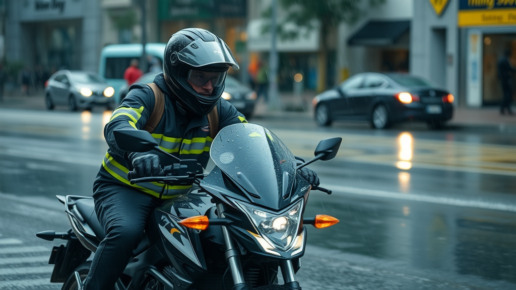 motorcycle rider in waterproof, reflective gear, defensive motorcycle riding in heavy rain, city streets, detailed rain droplets