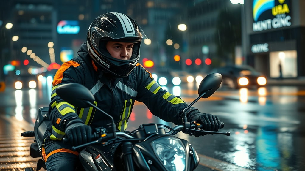 Determined motorcyclist riding at night in rain, wearing high-visibility waterproof gear, focused on motorcycle safety|Img_Alt_Text: motorcycle safety at night in adverse weather safe riding techniques