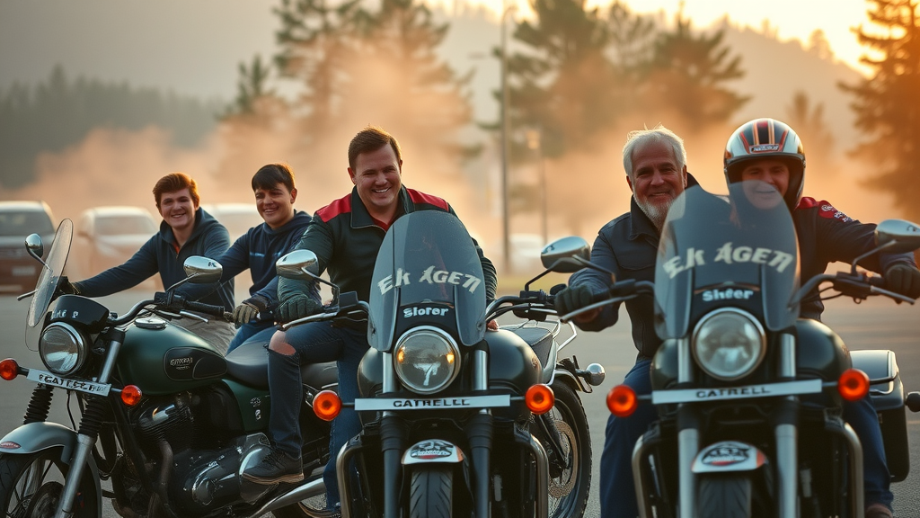 motorcycle safe ride series young and senior riders preparing for group ride in parking lot at sunrise