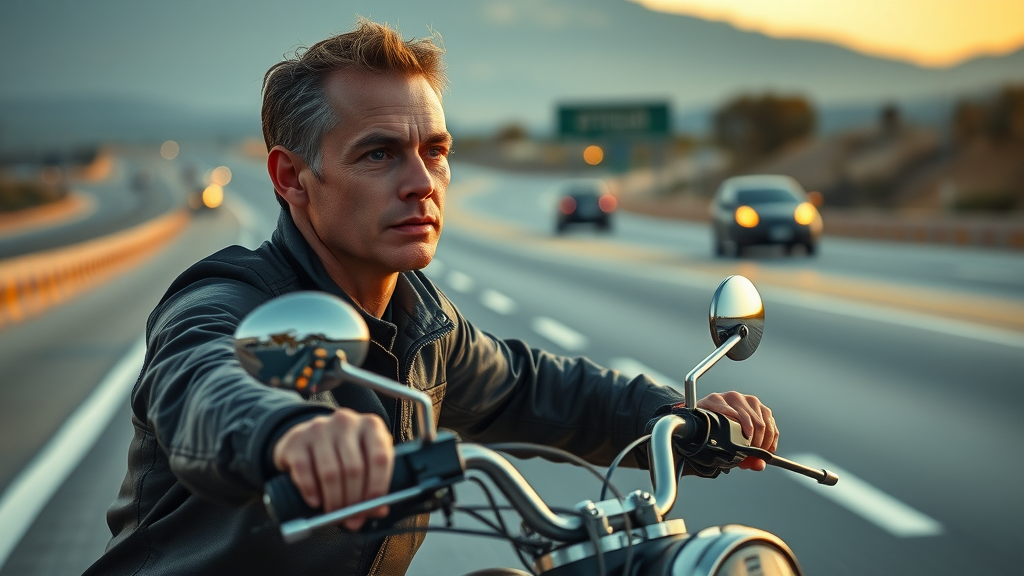 focused motorcycle rider scanning road ahead for motorcycle safety hazards using 12 second rule