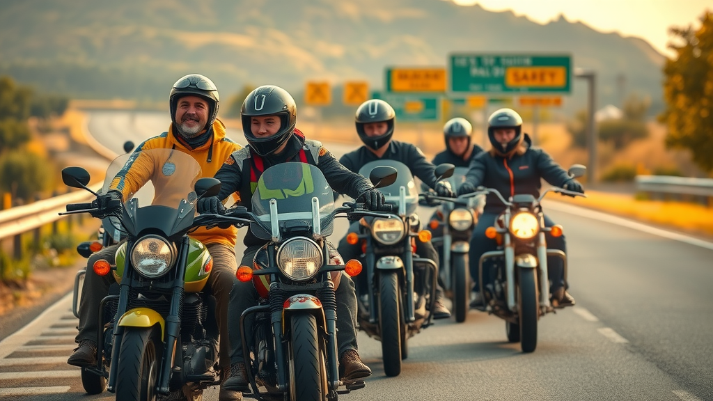 Group of US motorcycle riders performing safety checks and riding in formation, emphasizing accident prevention