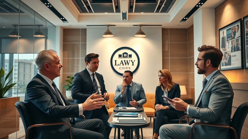 law firm office with welcoming atmosphere discussing branding strategies for personal injury lawyers