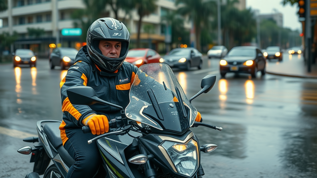 motorcycle safety tips: experienced rider carefully riding motorcycle in rain, reflective city street, vibrant rain gear