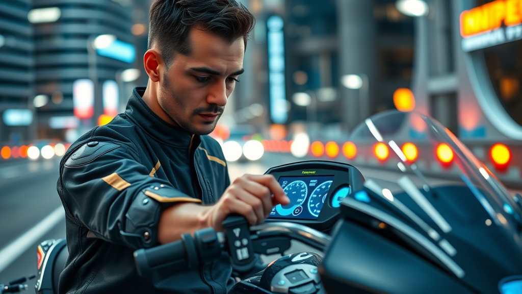 futuristic motorcycle dashboard with integrated safety technology, reflecting innovations helping combat rising motorcycle fatality numbers