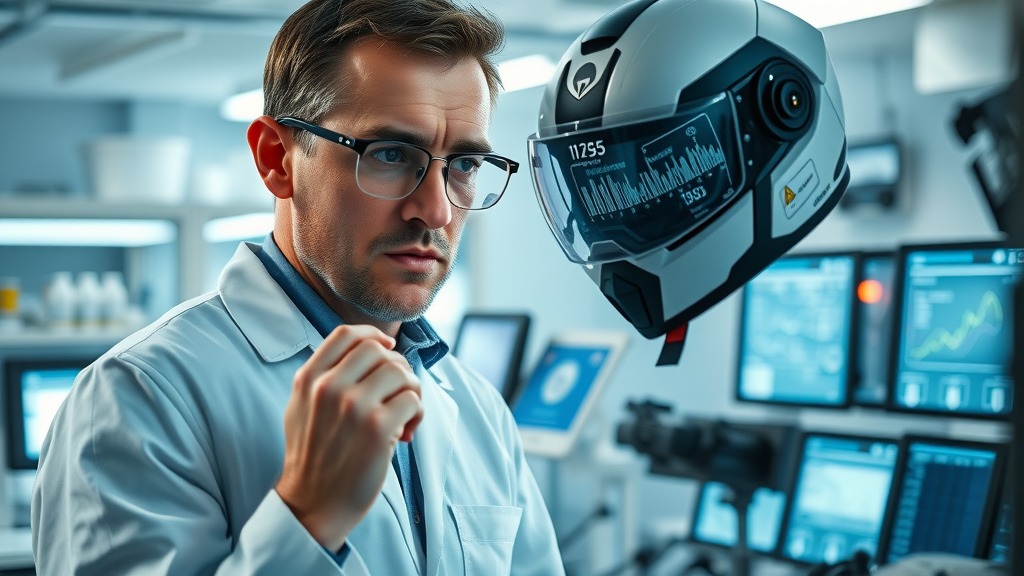 motorcycle helmet law impact tested in research lab, scientist examines helmet with impact sensor data