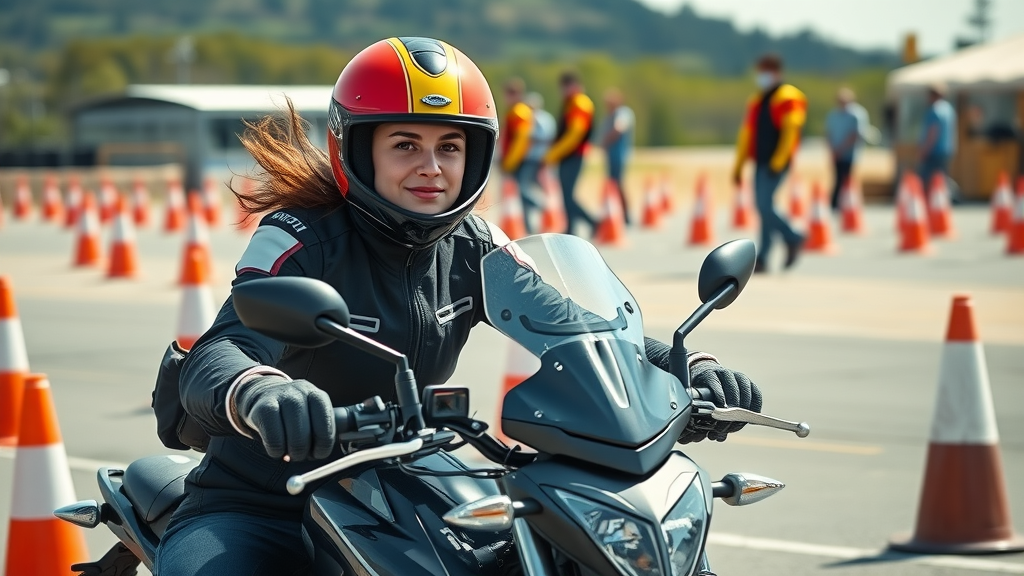 dynamic female motorcycle rider on training course, riding confidently, vibrant gear, cones and instructors, outdoor setting