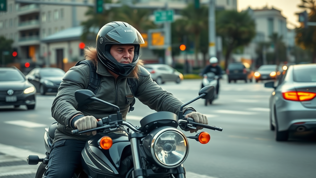 Urgent motorcycle rider braking to prevent accident at an urban street intersection for motorcycle accident prevention