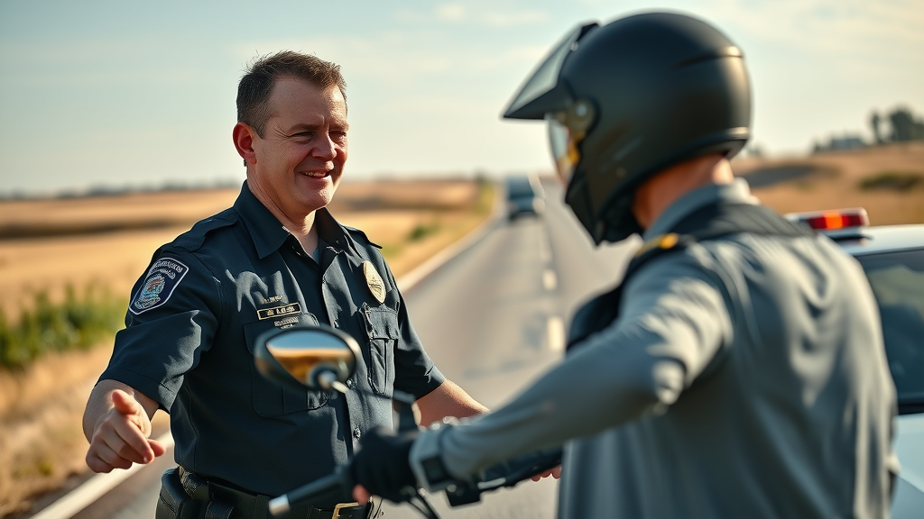motorcycle helmet law impact shown as police officer performing helmet check on rural highway, compliance emphasized