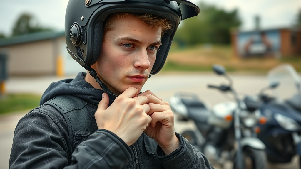 motorcyclist preparing helmet and gear before first class at training site, motorcycle in background