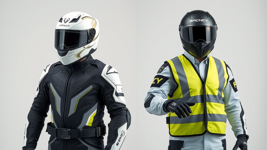 Motorcycle safety gear lineup with helmet, armored jacket, gloves, and high-visibility vest for rider safety|Img_Alt_Text: motorcycle safety gear for safe riding techniques