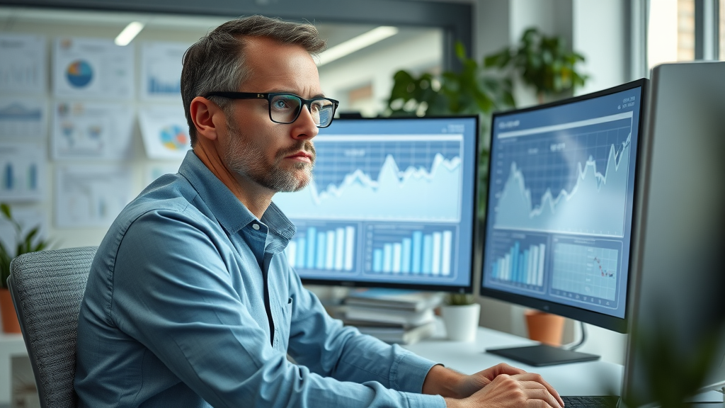 Motorcycle accident trends USA: office scene statistician reviews motorcycle crash charts on computer