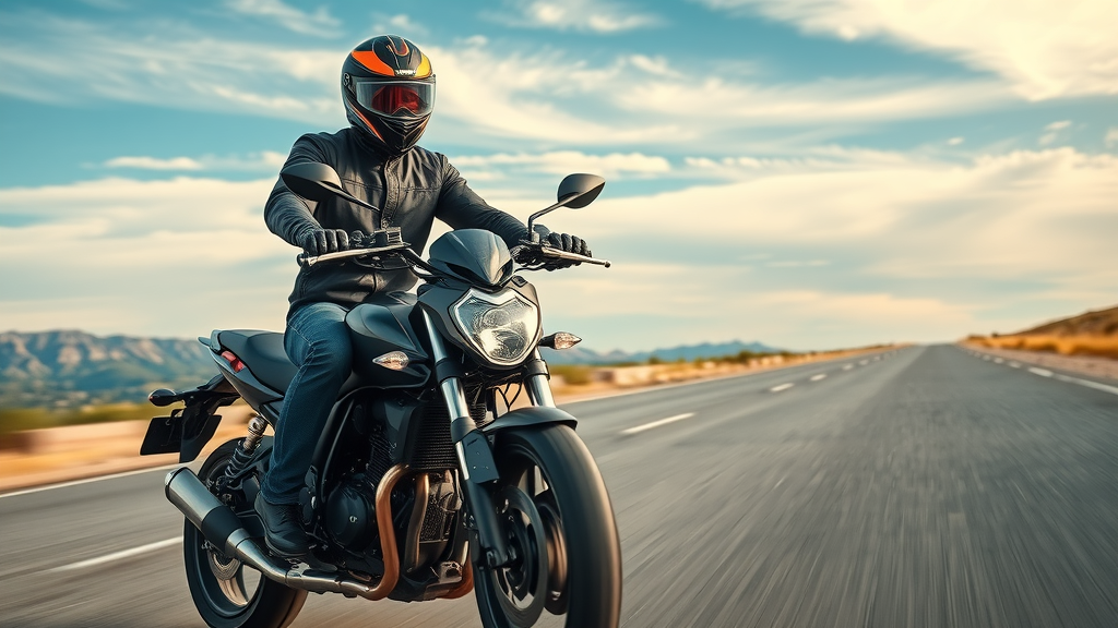 Striking motorcycle on open highway, confident rider in full protective gear demonstrating motorcycle safety statistics